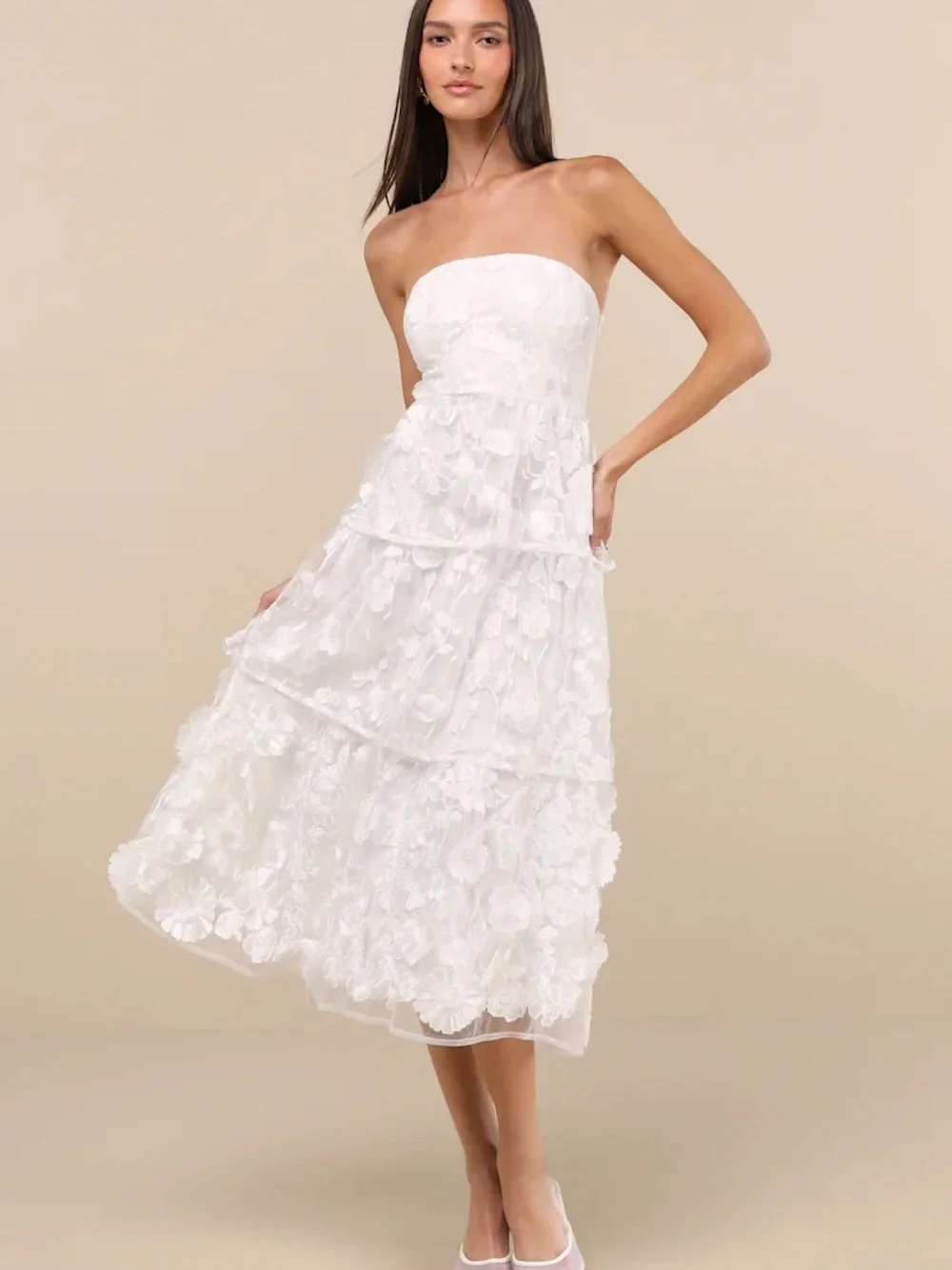 Lulus Strapless White Floral Midi Dress - Picture 1 of 4